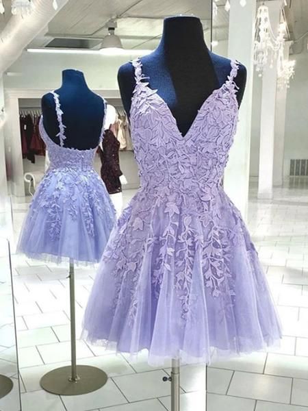Short V Neck Purple Lace Formal Homecoming Dresses C1775