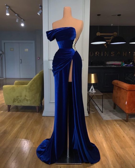 One Shoulder Royal Blue Velvet Evening Dress with Slit C1765