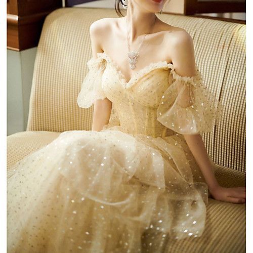 A-Line Sparkle Vintage Engagement Formal Evening Dress Sweetheart Neckline Short Sleeve Floor Length Tulle with Sequin C1946