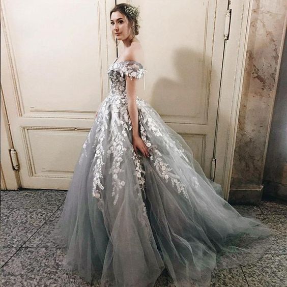 Grey Tulle Lace Prom Dresses, Off Shoulder A-line Prom Dresses, Lovely Prom Dresses, Popular Prom Dresses C14