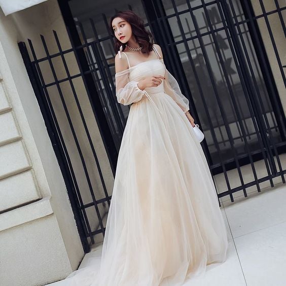 Champagne Summer Prom Dresses Empire Spaghetti Straps Off-The-Shoulder Long Sleeve C1911