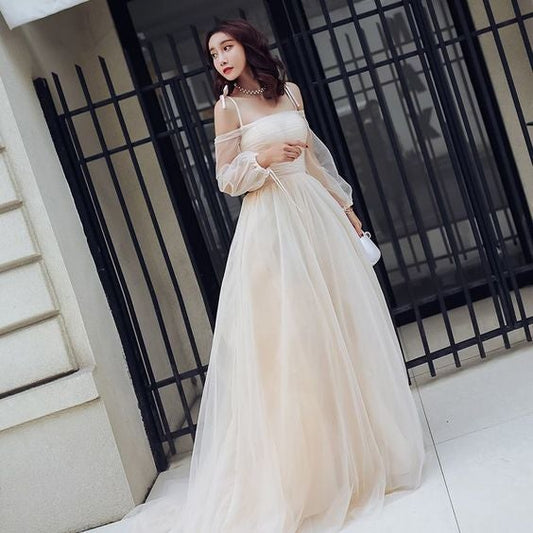 Champagne Summer Prom Dresses Empire Spaghetti Straps Off-The-Shoulder Long Sleeve C1911
