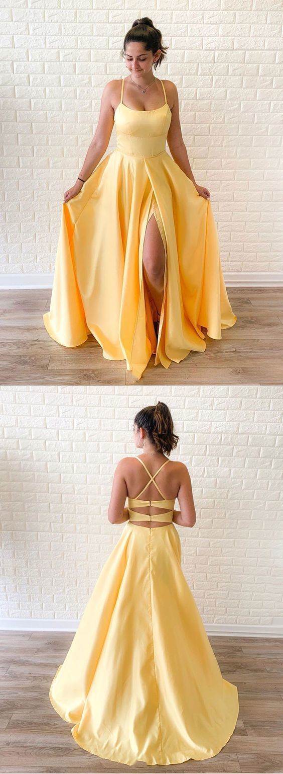 Simple Yellow Satin Long Prom Dress, Yellow Evening Dress  C2290