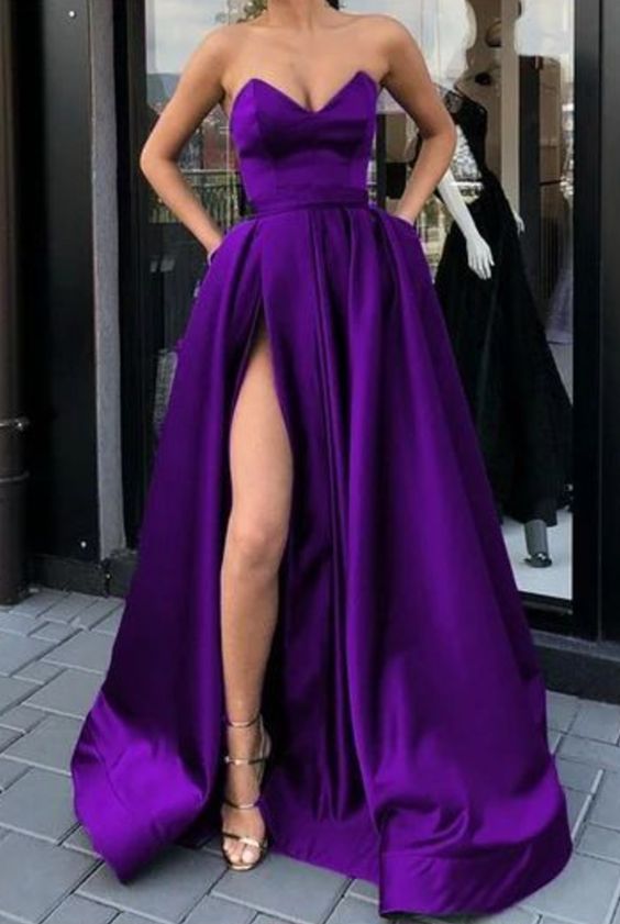 purple satin strapless prom dresses with pockets C46