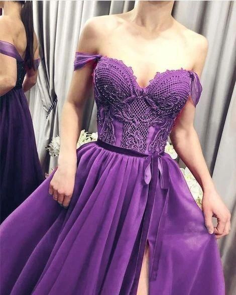 Off Shoulder Purple Split Slit Long Prom Dresses Formal Evening Dresses C2338