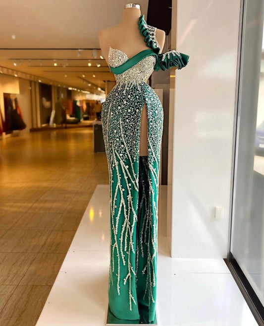 One Shoulder Green Mermaid Evening Dresses Crystal Beaded High Side Split Formal Prom Gowns Custom Made Plus Size Pageant Wear Party Dress C2075