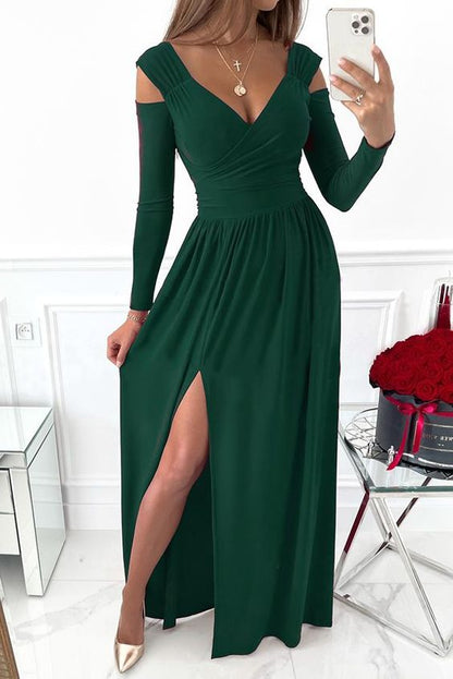 Women's Dresses Long Sleeve V-Neck Solid Strapless Split Prom Dress C2319