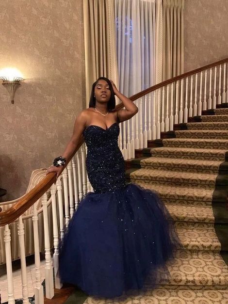 Sweetheart Navy Blue Mermaid Prom Dress With Beading  C1678