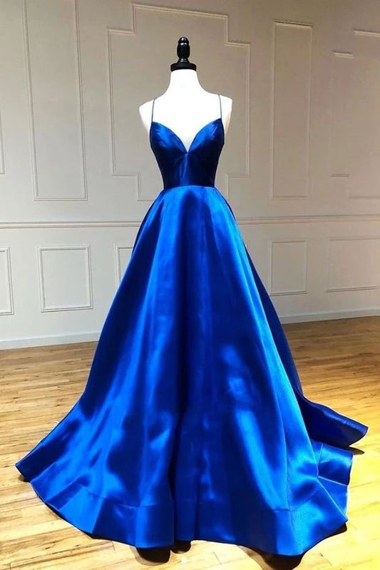 Simple A Line Satin Spaghetti Straps Royal Blue Long V Neck Prom Dress C1697