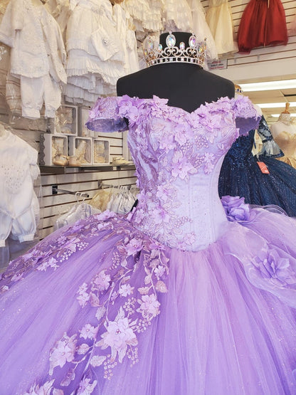 Off-The-Shoulder Lavender Tulle Quinceanera Dresses Flowers Ball Gown Sweet 15  C1601