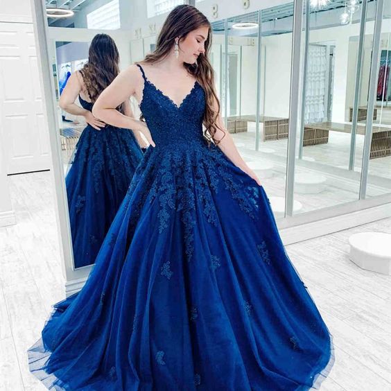 V-Neck Lace Appliques Royal Blue Long Prom Dress  C37