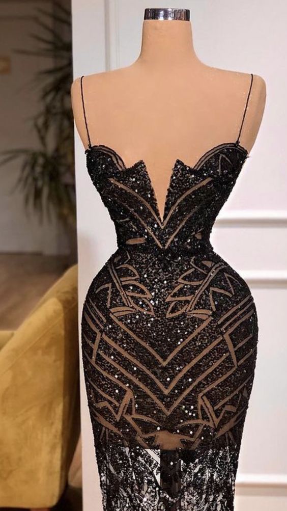 Spaghetti Straps Black Prom Dress, Sexy Evening Dress C2100