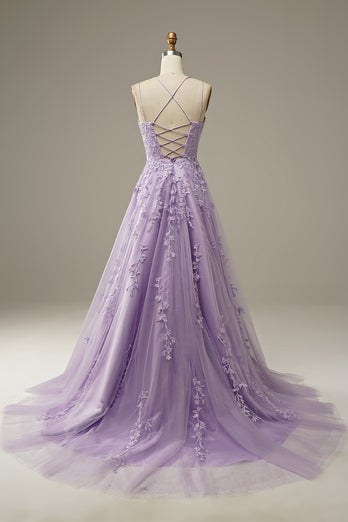 Spaghetti Straps Lilac Tulle Lace Long Prom Dress C1901