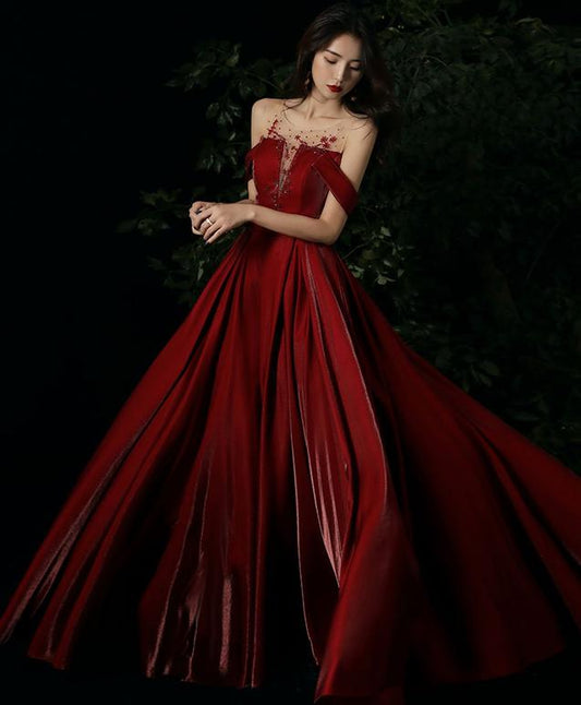 Burgundy round neck beads long prom dress burgundy evening dress C1727