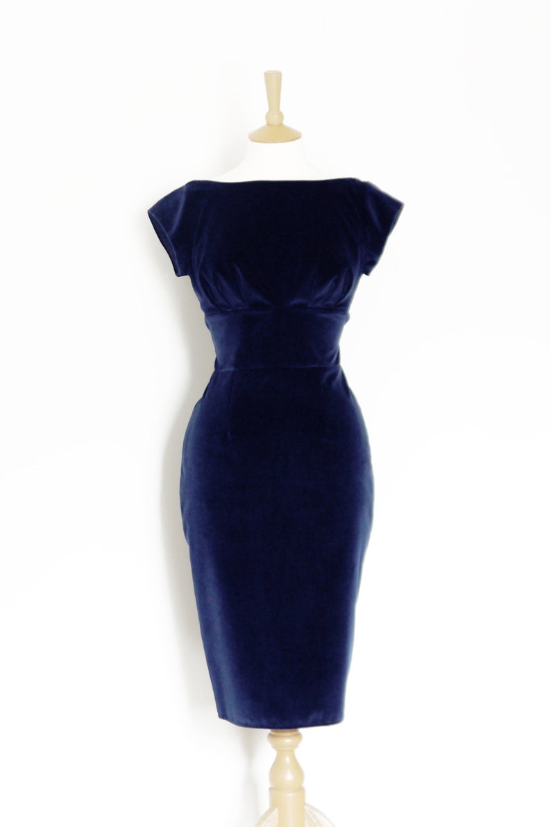 Midnight Blue Velvet Classic Pencil Dress Simple Party Dress C2230