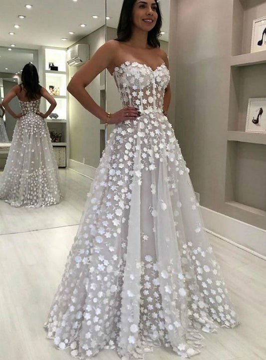 Sweetheart Strapless Long Prom Dresses White Tulle Appliques Evening Dresses Long Floor Length Womens Dresses C2247