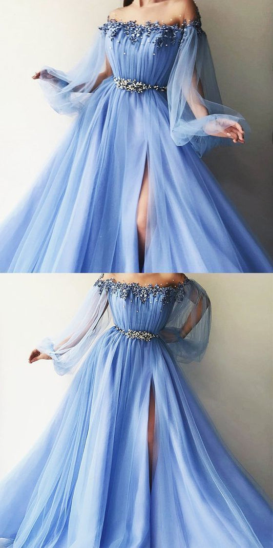 Elegant Blue Long Sleeves Off the Shoulder Beaded Crystal Side Slit Prom Dresses C1833