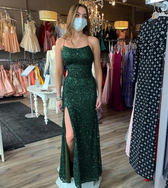 Sparkly Sheath Scoop Neck Dark Green Sequins Prom Dresses, Split Evening Dress C2176