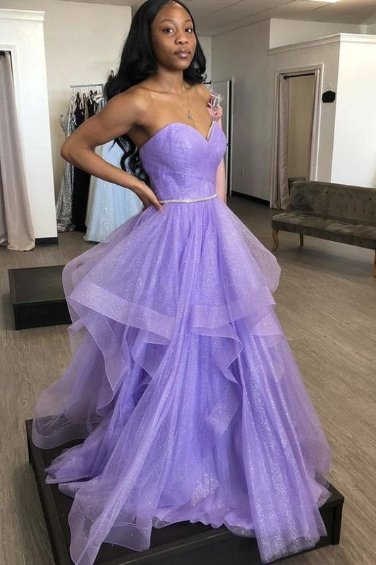 Purple tulle long A line prom dress evening dress C43