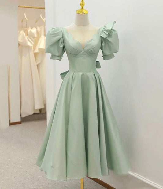 Vintage / Retro Sage Green A-Line / Princess Scoop Neck Puffy Short Sleeve Homecoming Dress C2029
