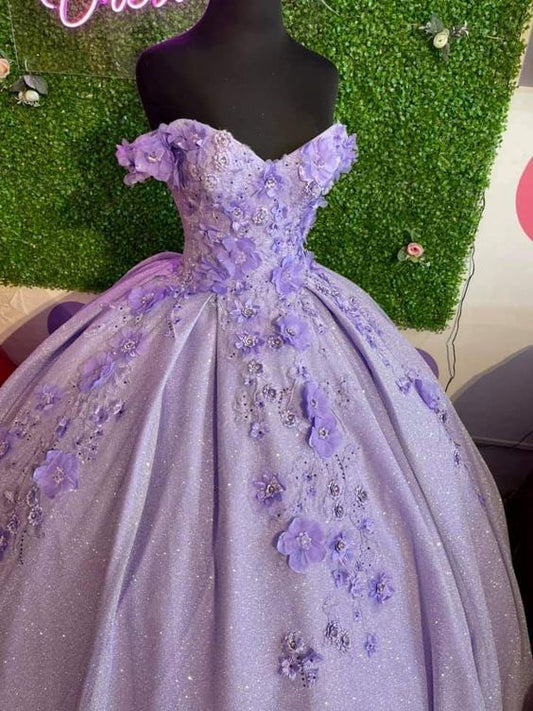 Lavender Ball Gown Off The Shoulder Prom Dress With 3D Flowers C2174