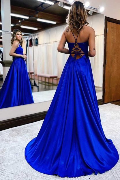 Royal Blue Lace Lace-Up Long Prom Dress C2401