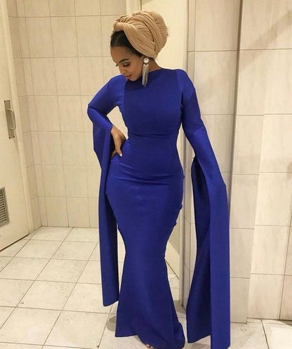 Modest Sexy Dress, Blue A line Dress, Elegant Blue Dress, Royal Blue Fitted Straight Dress with Exxaggerated Sleeves  C1714