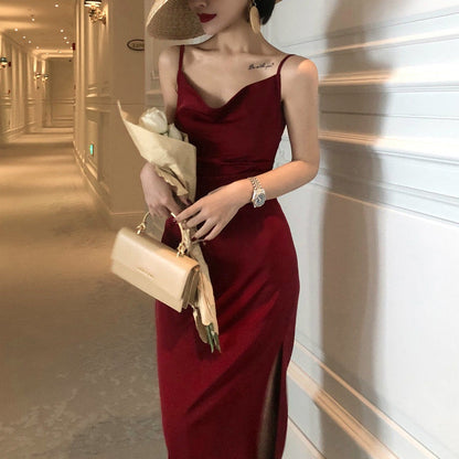 French Retro Sexy Swing Neck Sling Skirt Burgundy Prom Dress,Spaghetti Straps Classic Prom Dress  C1798