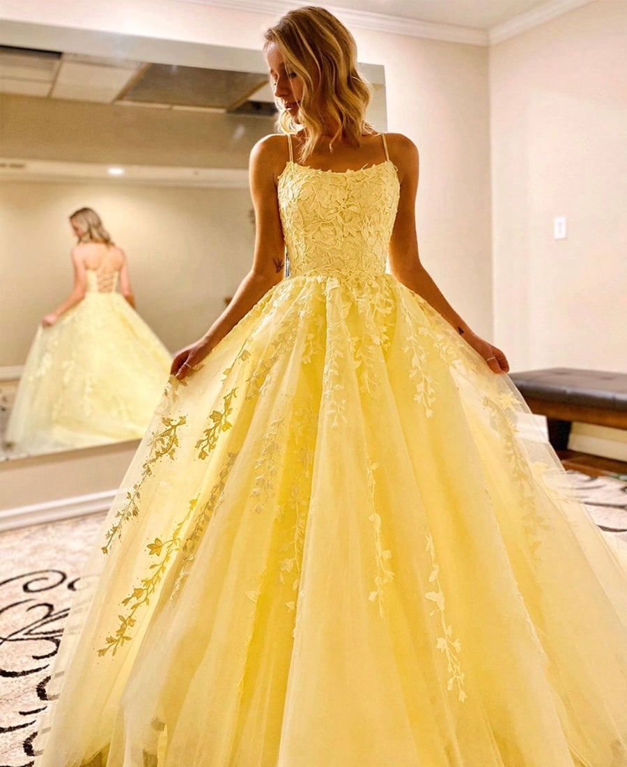 A Line Floor Length Lace Yellow Tulle Long Prom Dress, Yellow Lace Formal Dress, Yellow Evening Dress C2182