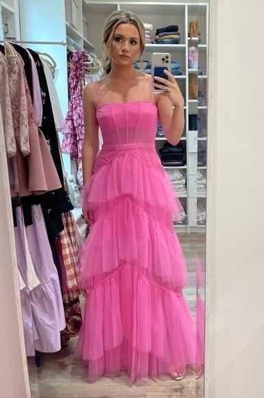 Princess Hot Pink A Line Tulle Long Prom Dress Layered Ruffles Evening Gown C2169