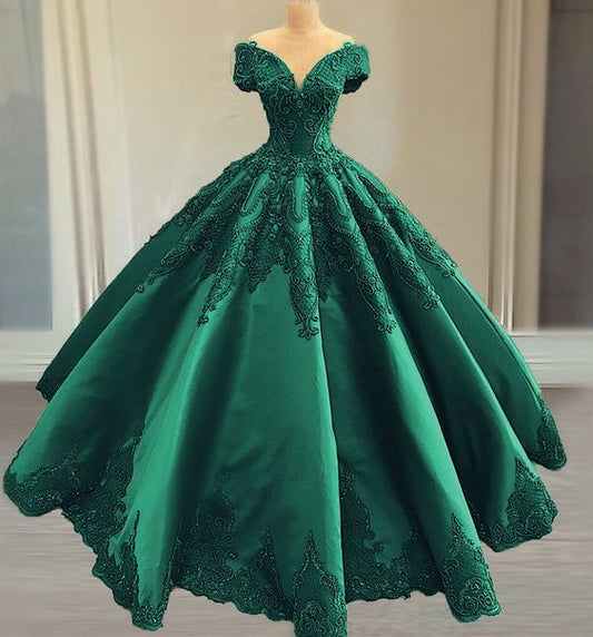 Elegant green satin ball gown wedding dress lace embroidery beaded off the shoulder for bridal party C2045