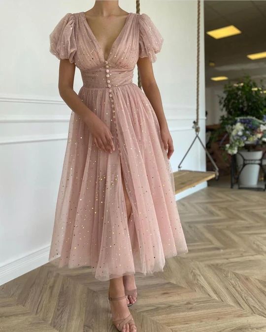 Custom Made Blush Pink Tulle Ankle Length Prom Evening Dresses C1173