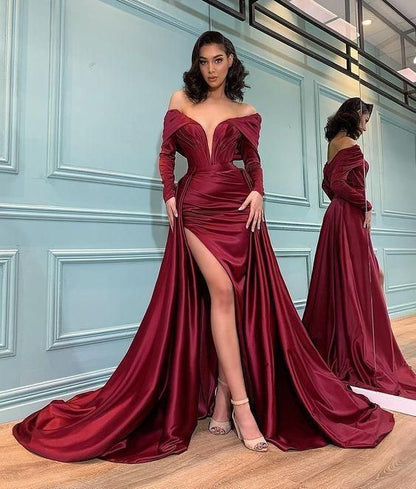 Off the shoulder deep v neck satin long prom dress, mermaid prom dress C1952