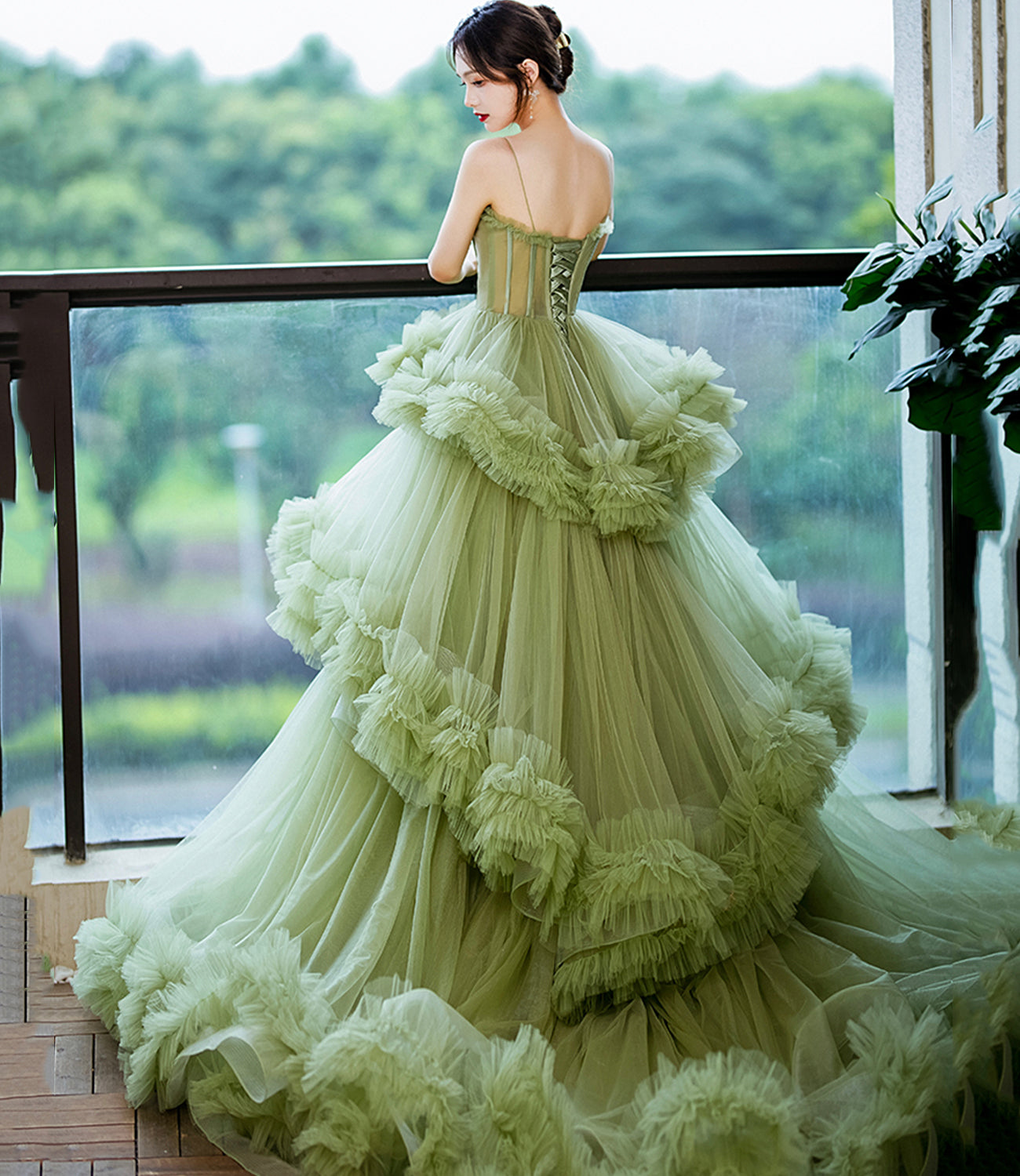 Green tulle long A line prom dress green evening dress C2035