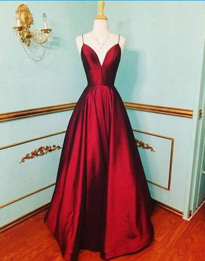 Burgundy satin V neck long prom dress, prom dresses  C1737