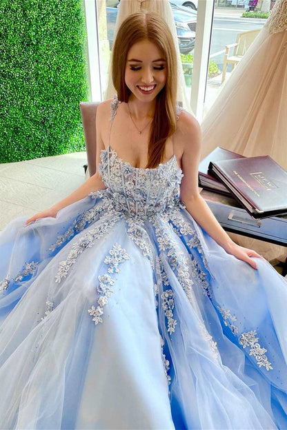 Elegant Backless Light Blue Lace Floral Long Prom Dresses, 3D Flowers Light Blue Lace Formal Dresses, Light Blue Evening Dresses C2204