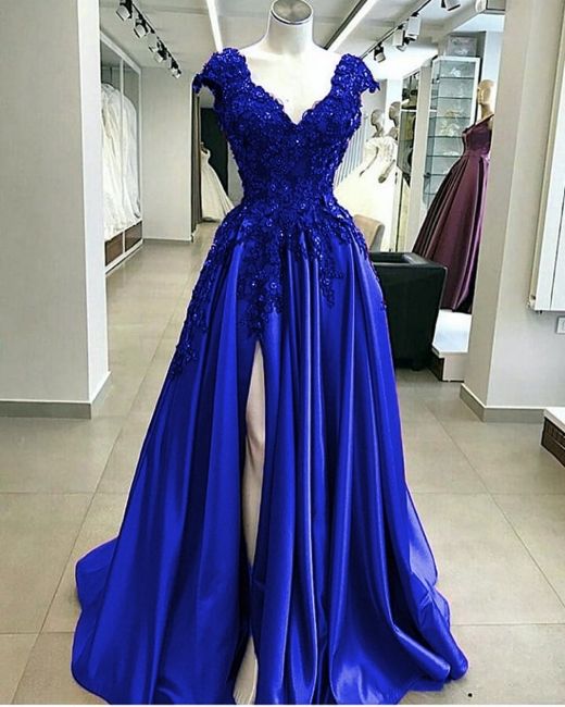 Royal Blue Cap Sleeves V-neck High Split A-line Evening Dresses Formal Prom Dress C2262
