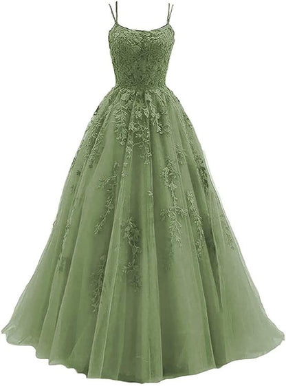 Green Lace Appliques Dresses Long Spaghetti Straps Tulle Long Formal Party Evening Gowns with Train for Women C1761