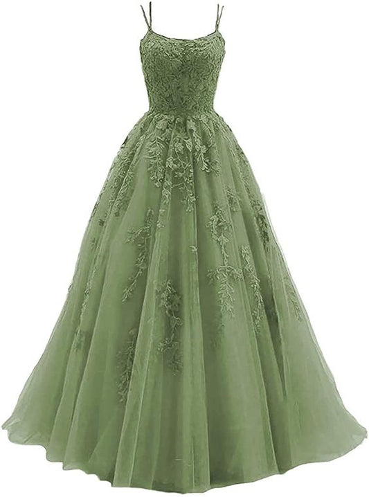 Lace Appliques Dresses Long Spaghetti Straps Tulle Long Formal Party Evening Gowns with Train for Women C1761