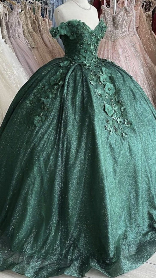 Off The Shoulder Green Ball Gown With Flowers Sweet 16 Dress C2167
