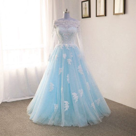 Off The Shoulder Tulle Floor Length Prom Dresses with Lace Appliques C2044