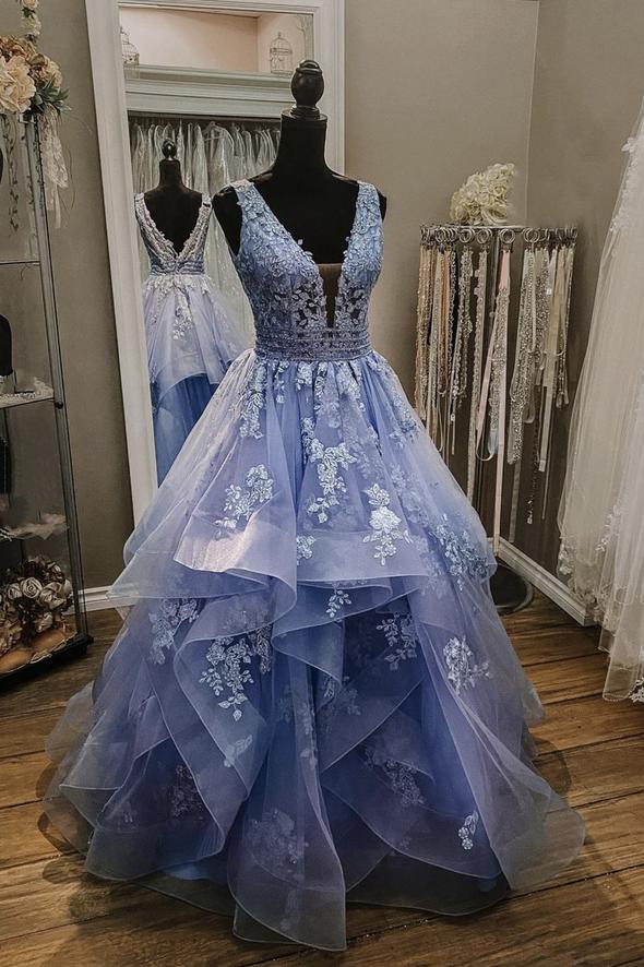 Blue tulle lace long ball gown dress formal dress  C1730