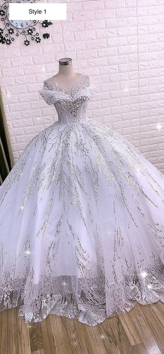 Luxurious white queen style sleeves beaded crystals sparkle ball gown wedding dress with glitter tulle C2156