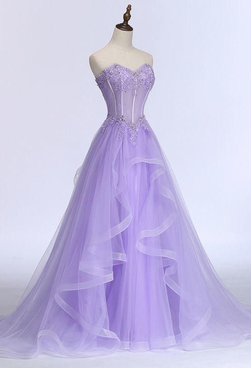 Lavender Sweetheart Tulle A-Line Lace Applique Party Dress, Beautiful Sweet 16 Dress C2013