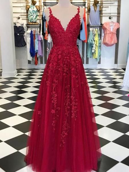 Red Appliques Lace Long A-line Tulle Prom Dresses C11