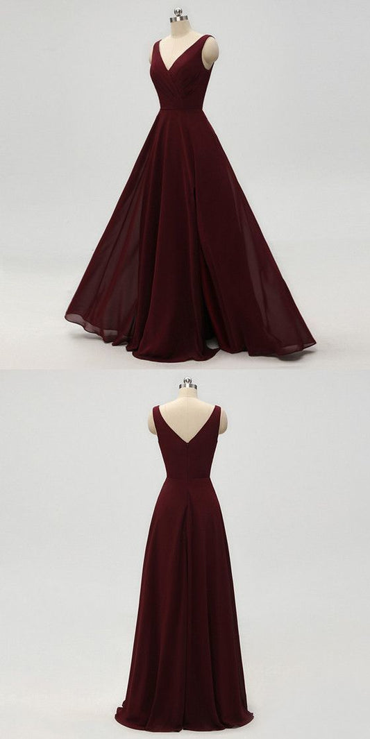 A-line V-neck Burgundy Chiffon Prom Dresses With Pleats  C1739