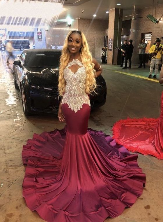 Mermaid Burgundy Prom Dress With Lace, Charming Prom Dress C2089