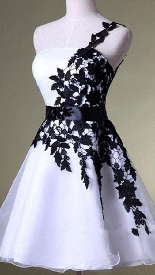 A Line One Shoulder White Homecoming Dress with Black Lace, Knee Length Party Dress C1871