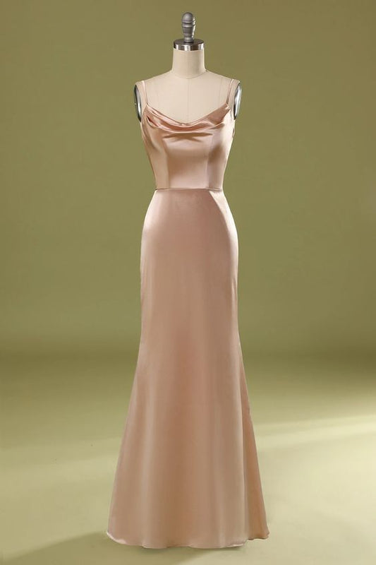 Dusty Pink Satin Spaghetti Straps Prom Dress C1769