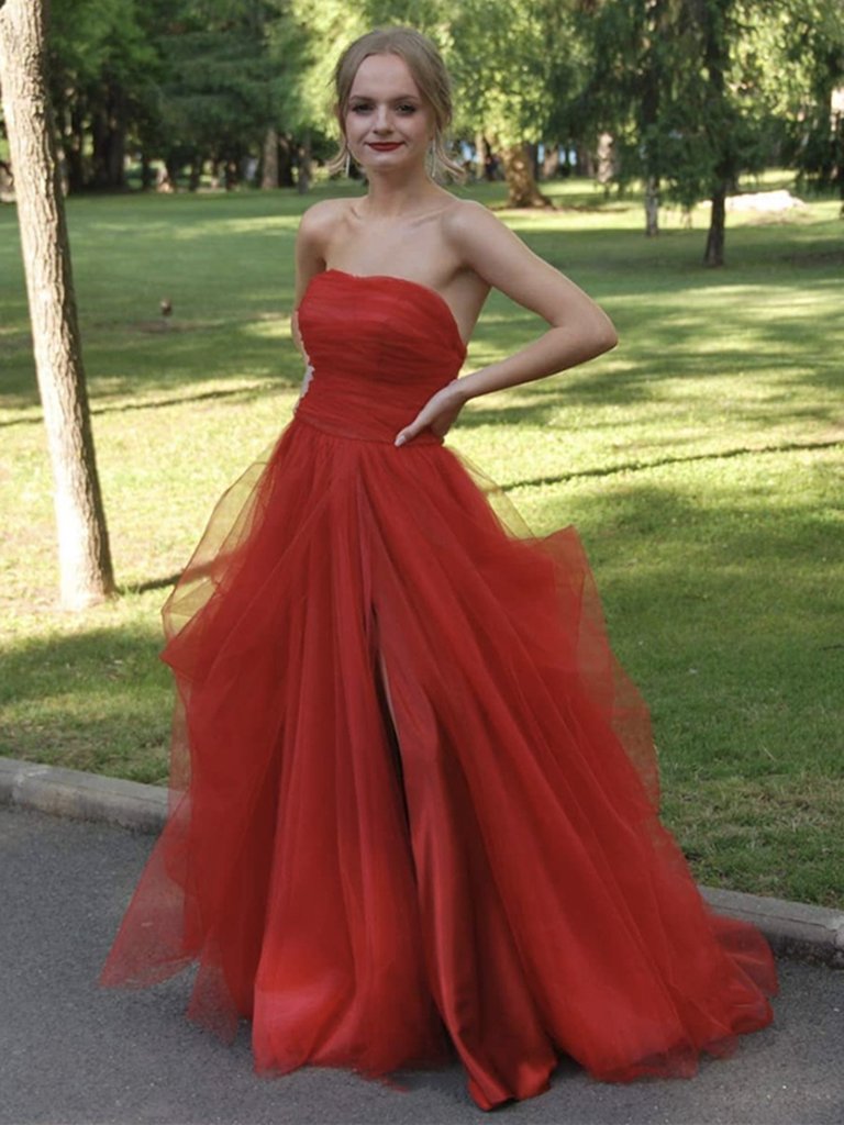 Strapless Red Tulle Long Prom Dresses Red Tulle Long Formal Evening Dresses C2314